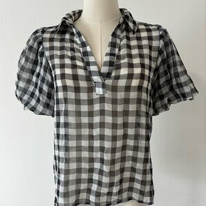 Laundry By Shelli Segal Black and White Gingham Collared Sheer V-Neck Top